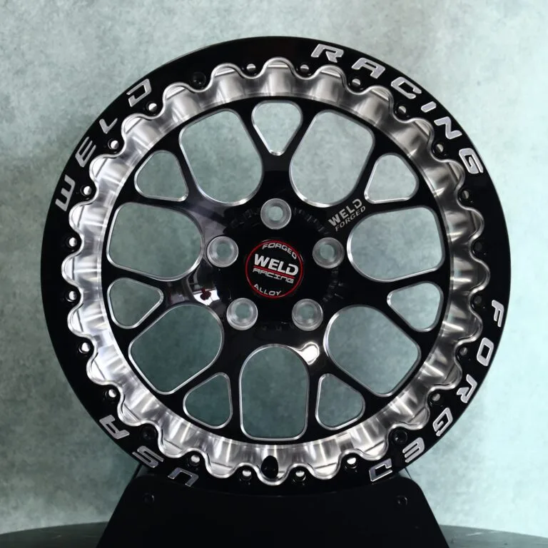 Weld Racing-Style Gloss Black / Machined Mesh Beadlock Forged Drag Racing Wheels – Ford Mustang / Corvette C7, front view
