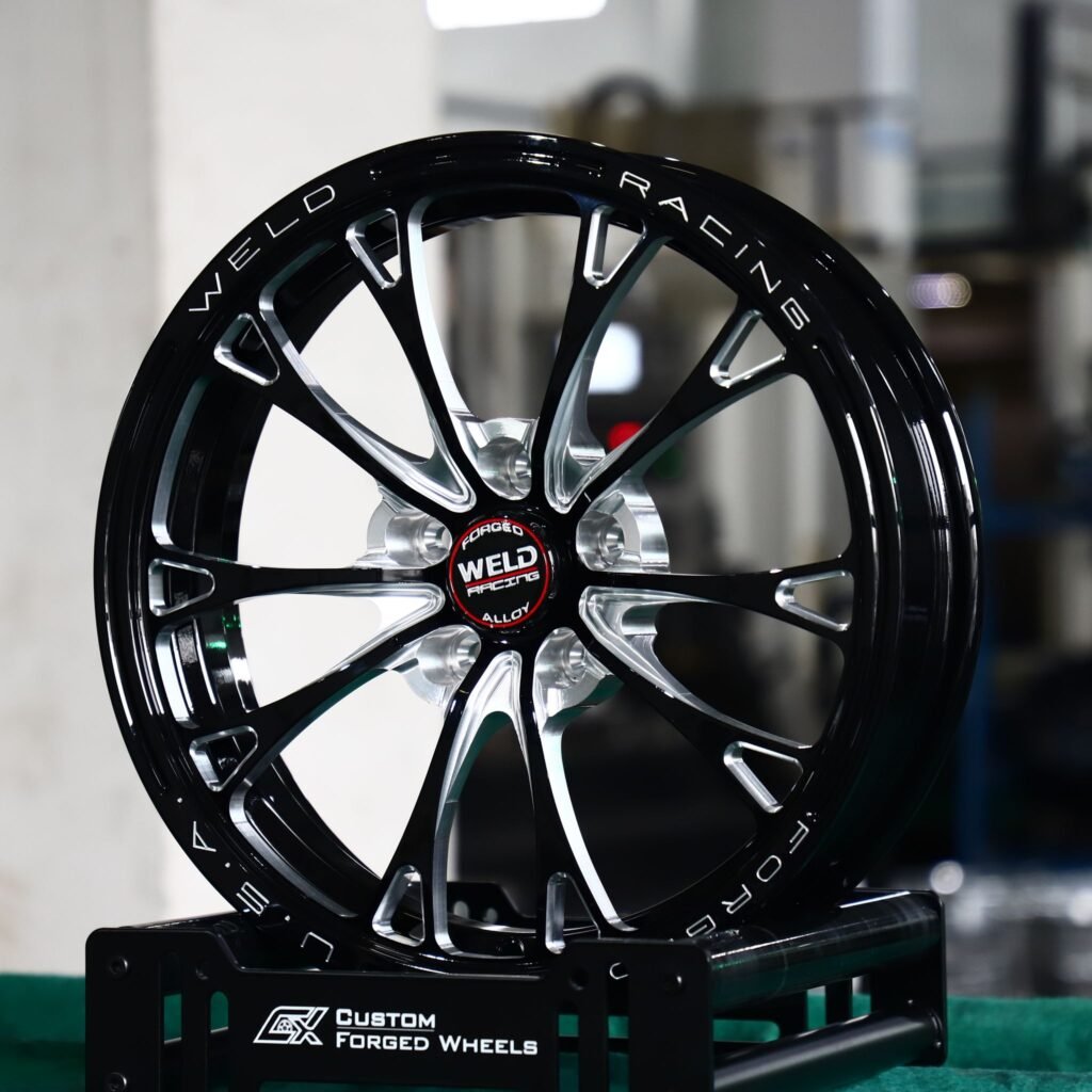 Chevrolet Corvette wheels – Gloss Black / Machined Multi-Spoke (Weld Racing-Style), angled view