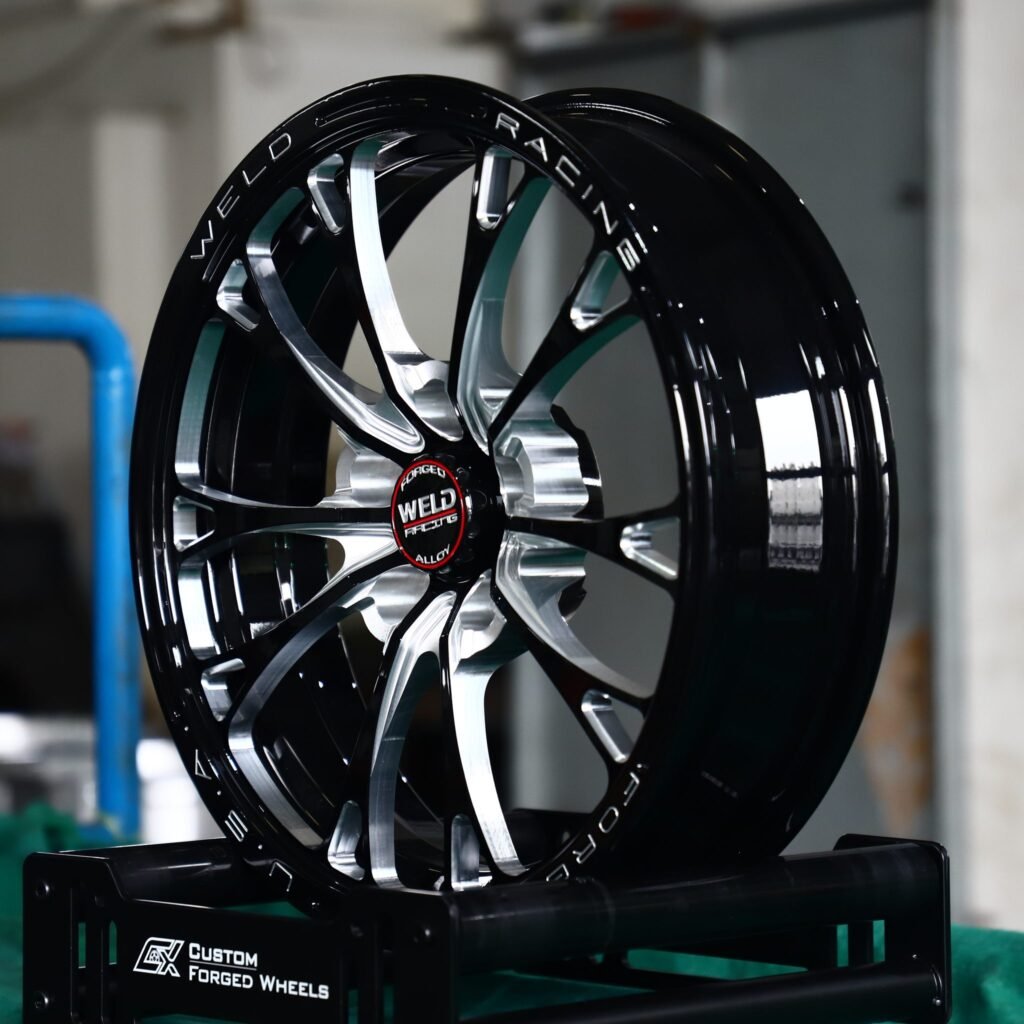 5x114.3 wheels – Gloss Black / Machined Multi-Spoke (Weld Racing-Style), side view