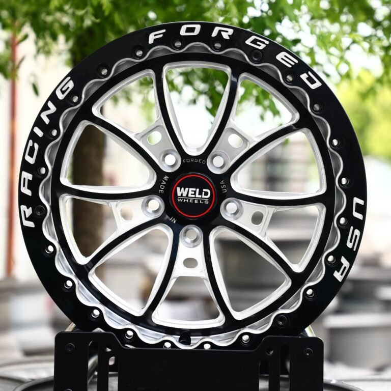 Ford Mustang wheels – Gloss Black / Mirror Milled 10-Spoke Beadlock (Weld Racing-Style), front view