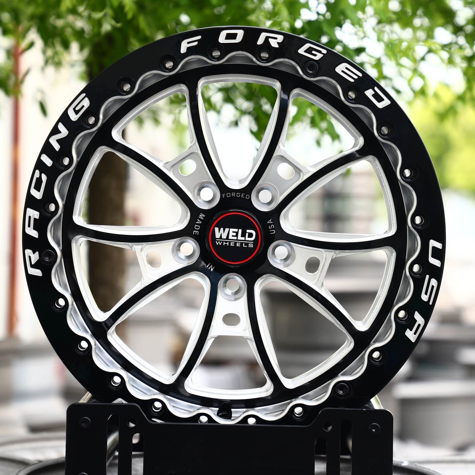Ford Mustang wheels – Gloss Black / Mirror Milled 10-Spoke Beadlock (Weld Racing-Style), front view