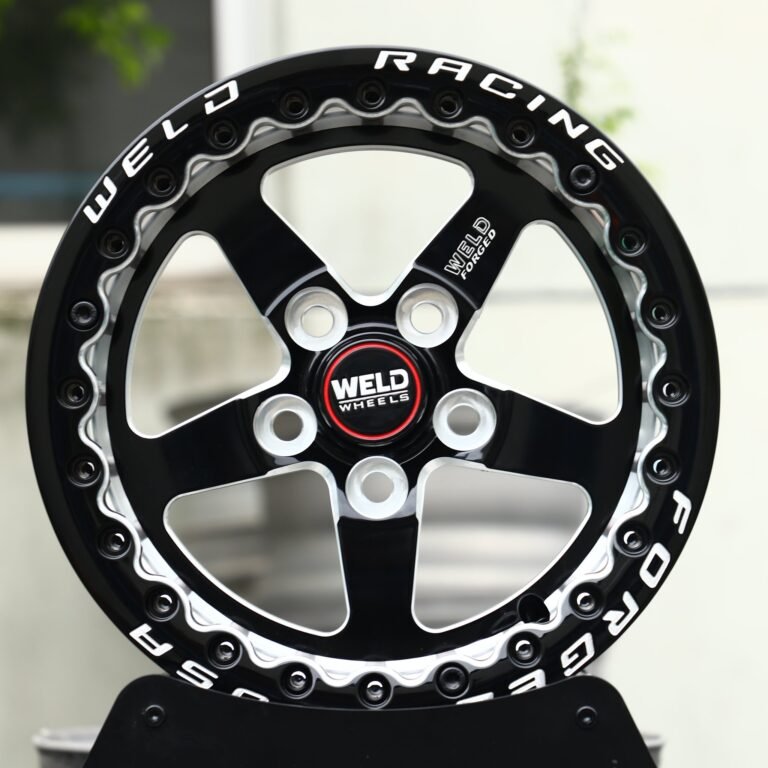Ford Mustang wheels – Gloss Black / Mirror Milled 5-Spoke Beadlock (Weld Racing-Style), front view