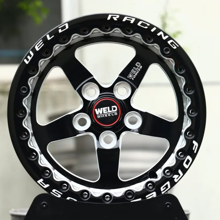 Ford Mustang wheels – Gloss Black / Mirror Milled 5-Spoke Beadlock (Weld Racing-Style), front view