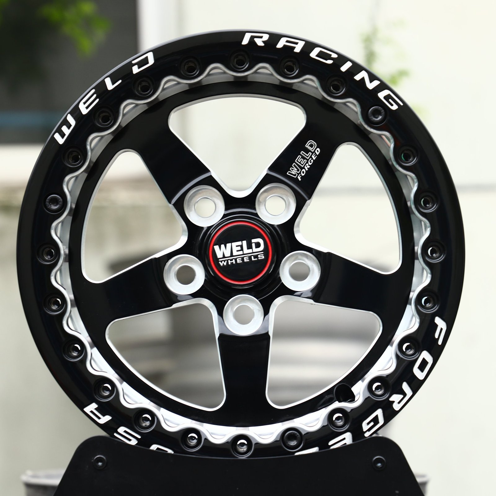 Ford Mustang wheels – Gloss Black / Mirror Milled 5-Spoke Beadlock (Weld Racing-Style), front view