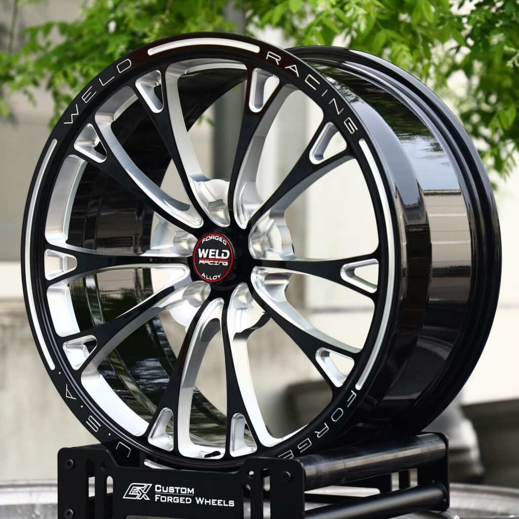 Chevrolet Corvette C7 wheels – Gloss Black / Mirror Milled Multi-Spoke (Weld Racing-Style), angled view