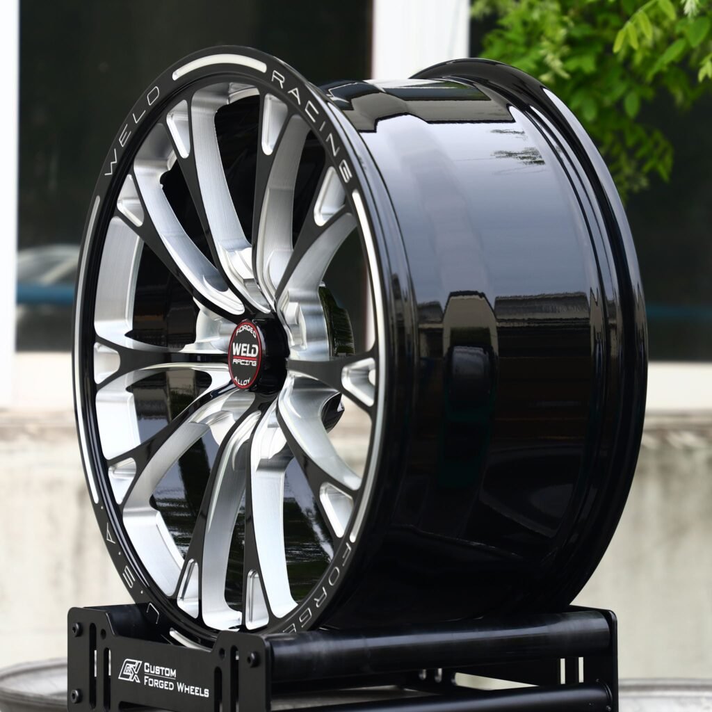 5x114.3 wheels – Gloss Black / Mirror Milled Multi-Spoke (Weld Racing-Style), side view