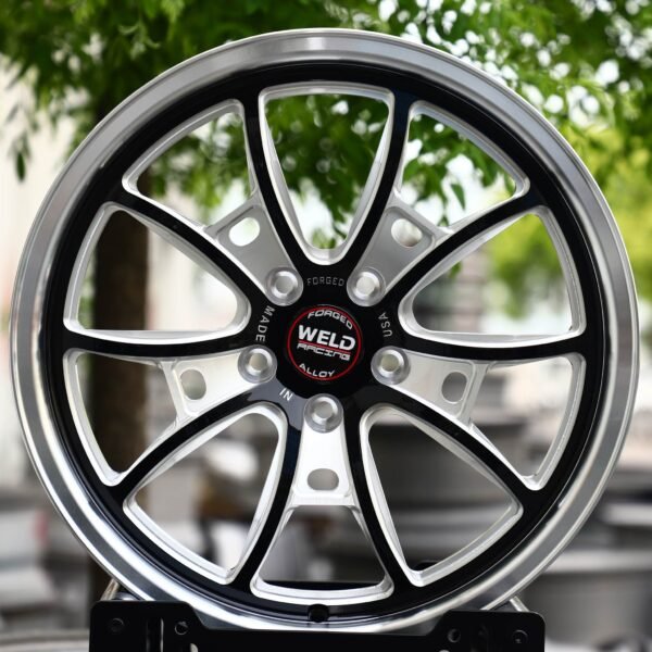 Ford Mustang wheels – Gloss Black / Mirror Milled Split 10-Spoke Polished Lip (Weld Racing-Style), front view