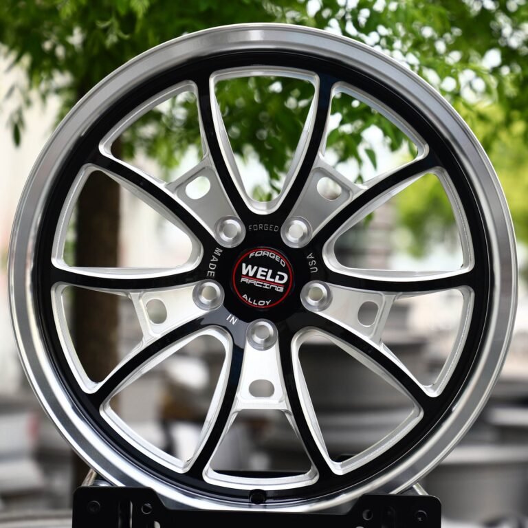 Ford Mustang wheels – Gloss Black / Mirror Milled Split 10-Spoke Polished Lip (Weld Racing-Style), front view