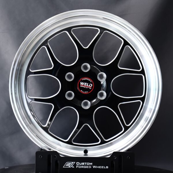 Weld Racing-Style Gloss Black Polished Lip Forged Drag Racing Wheels – Ford Mustang / Chevrolet Camaro, front view