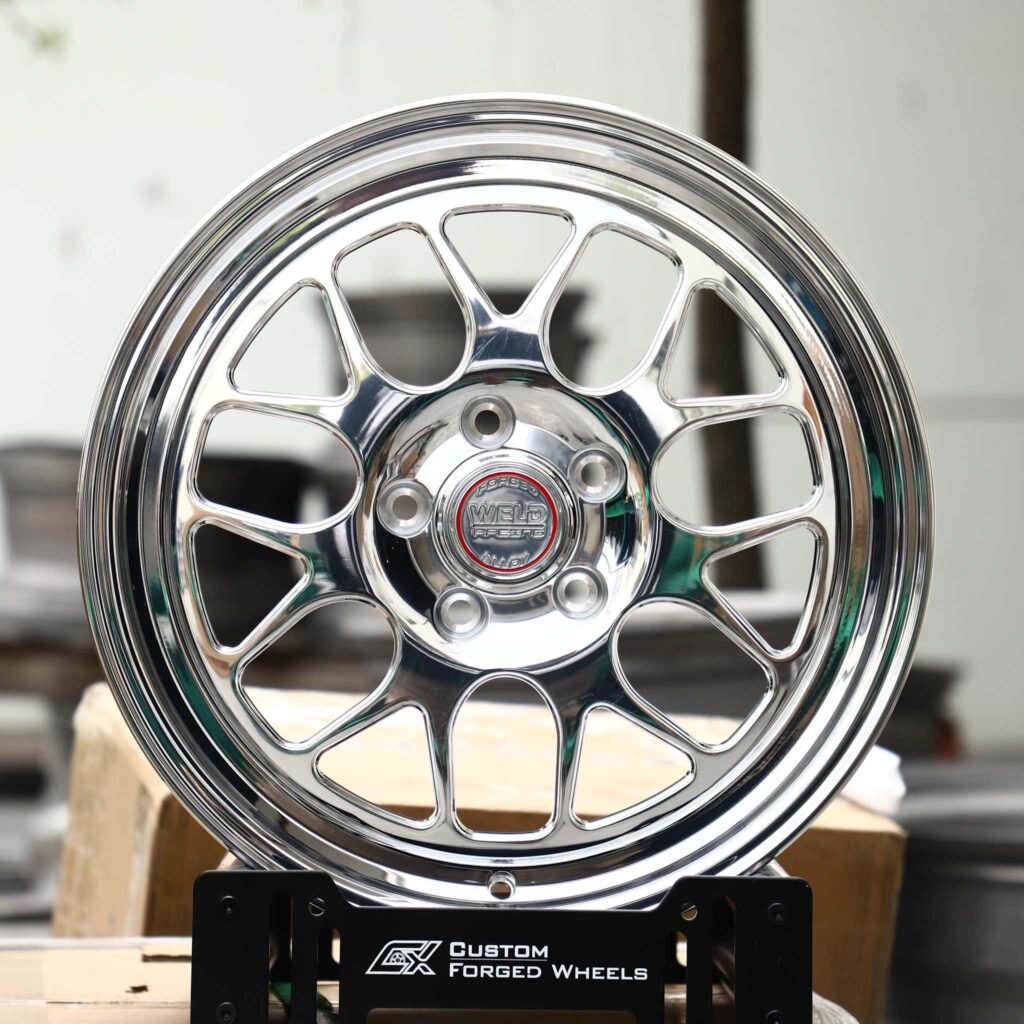Ford Mustang wheels – Mirror Polished 12-Spoke (Weld Racing-Style), front view