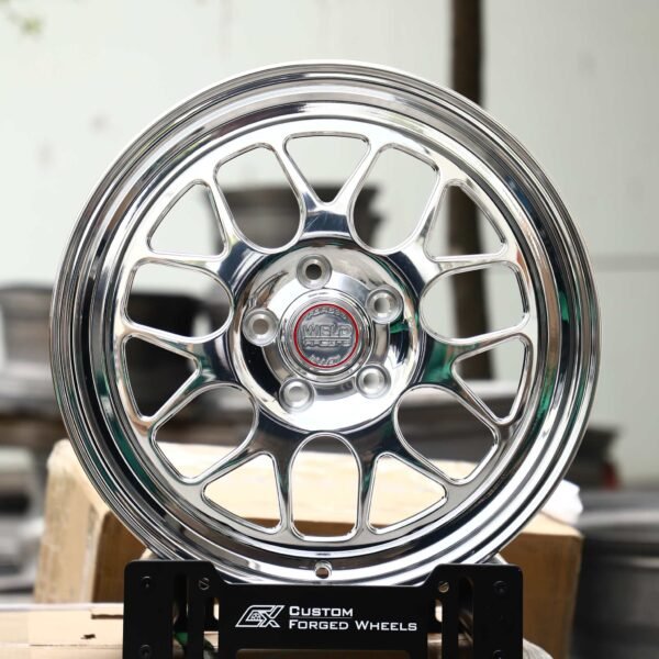 Ford Mustang wheels – Mirror Polished 12-Spoke (Weld Racing-Style), front view