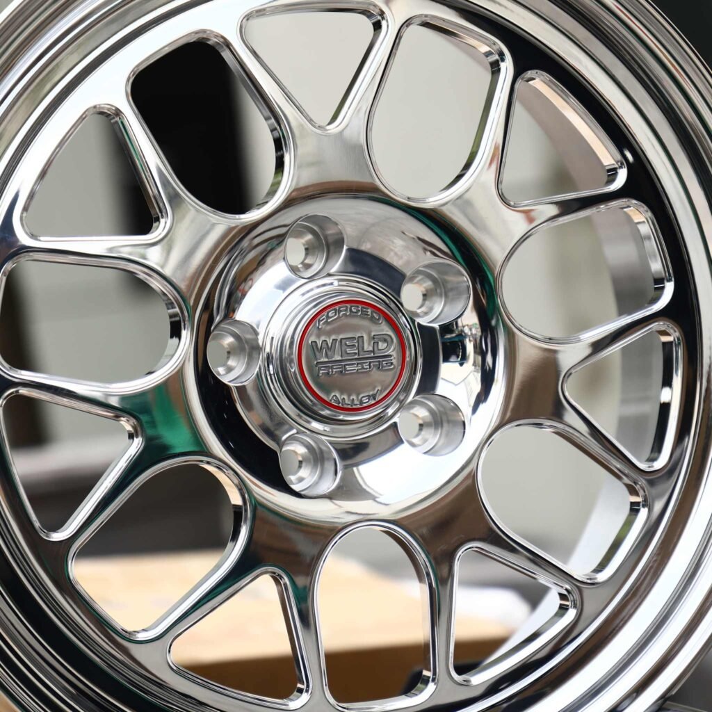 Dodge Charger wheels – Mirror Polished 12-Spoke (Weld Racing-Style), lip and barrel detail