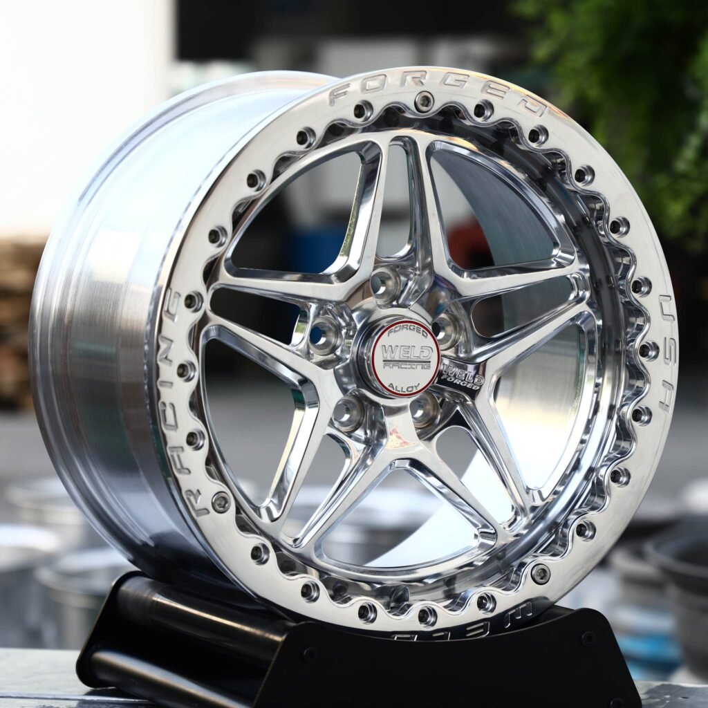 Chevrolet Corvette C7 wheels – Mirror Polished 5-Star Beadlock (Weld Racing-Style), angled view