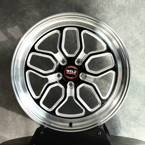 Weld Racing-Style Polished / Black 7-Window Forged Drag Racing Wheels – Ford Mustang / Chevrolet Camaro, front view