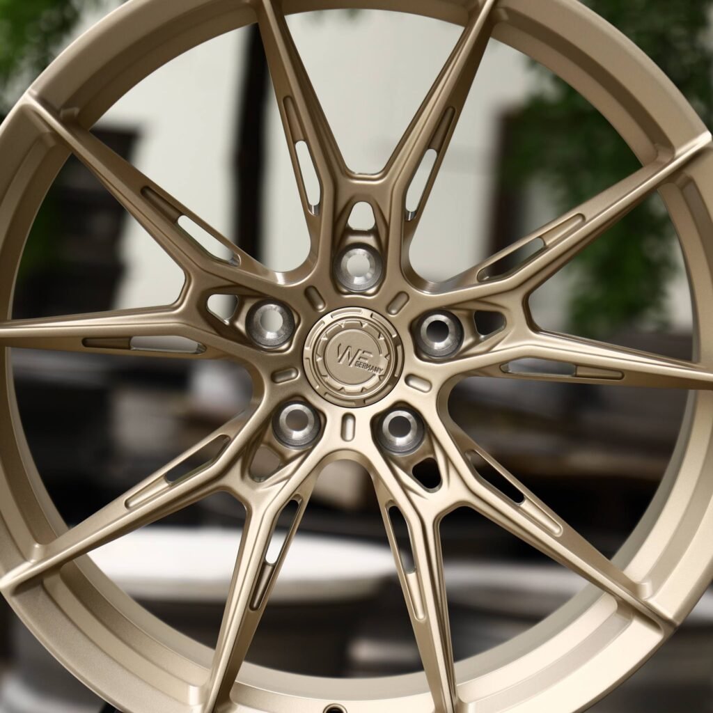 Audi A4 B9 wheels – Bronze / Gold 5 Y-Spoke Side-Milled (WF R2-Style), lip and barrel detail