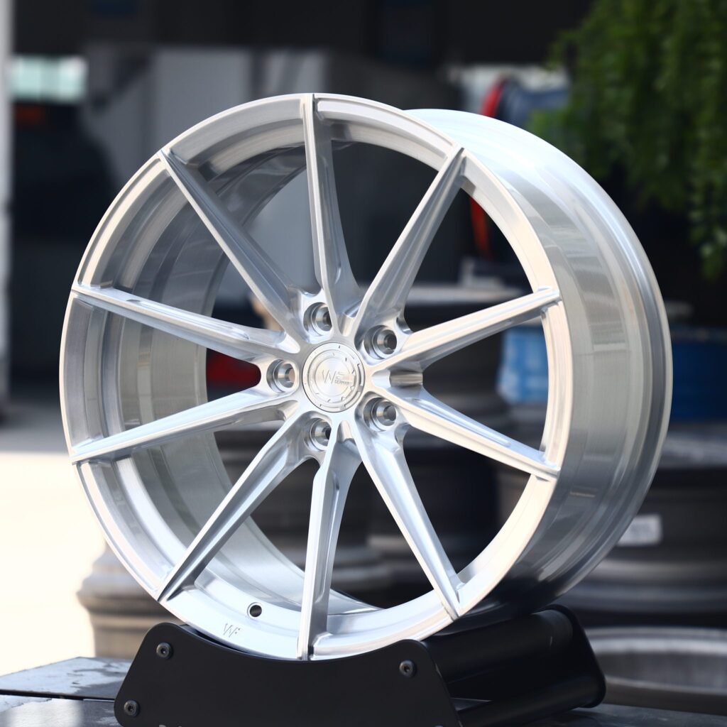 Wheelforce-Style Brushed Silver 10 Directional-Spoke Forged Wheels – Audi RS3 / BMW M3 G80, angled view 4
