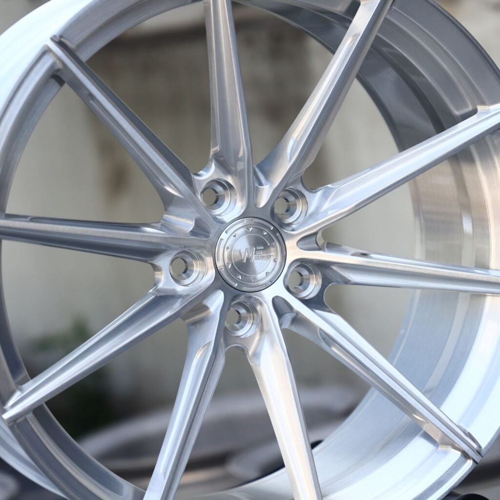 Wheelforce-Style Brushed Silver 10 Directional-Spoke Forged Wheels – Audi RS3 / BMW M3 G80, 5x112 bolt pattern, lip and barrel detail 4