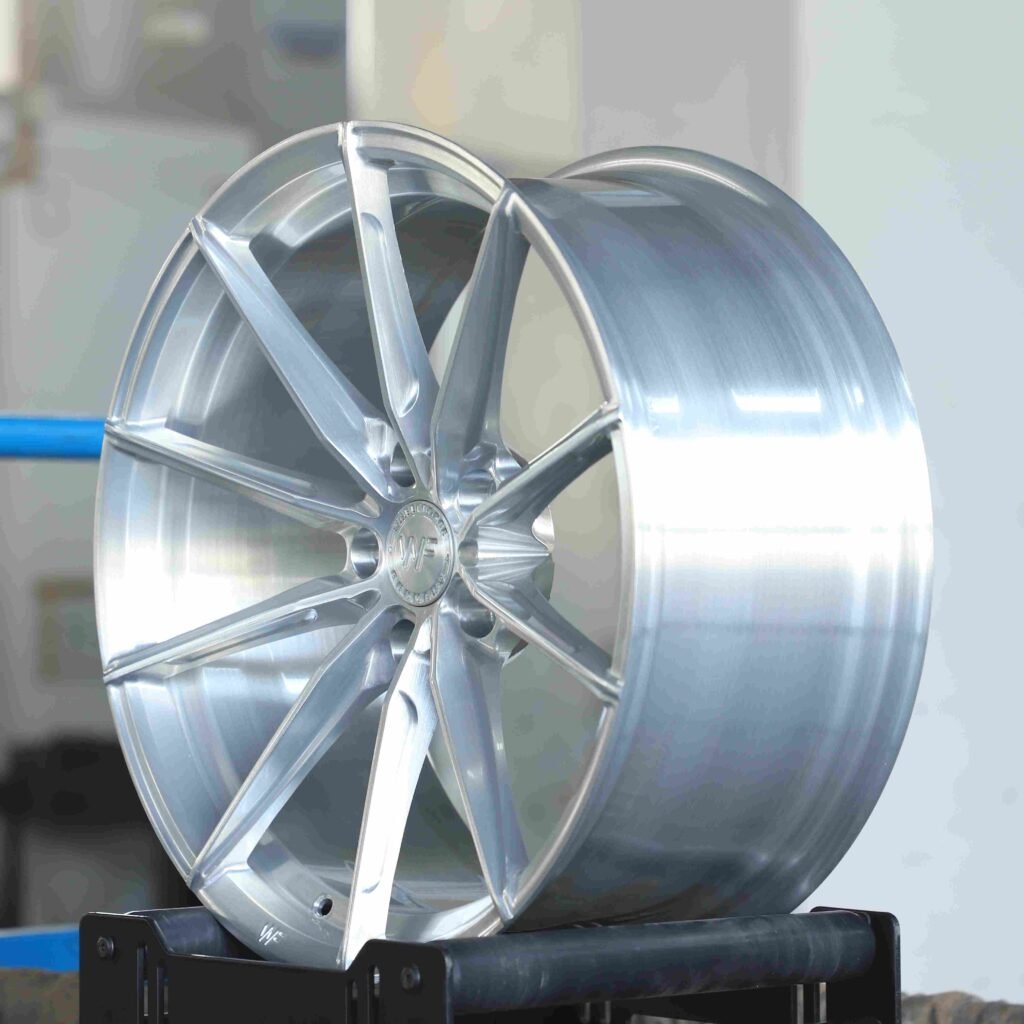 Wheelforce-Style Brushed Silver 10 Directional-Spoke Forged Wheels – Audi RS3 / BMW M3 G80, 5x112 bolt pattern, side view 2
