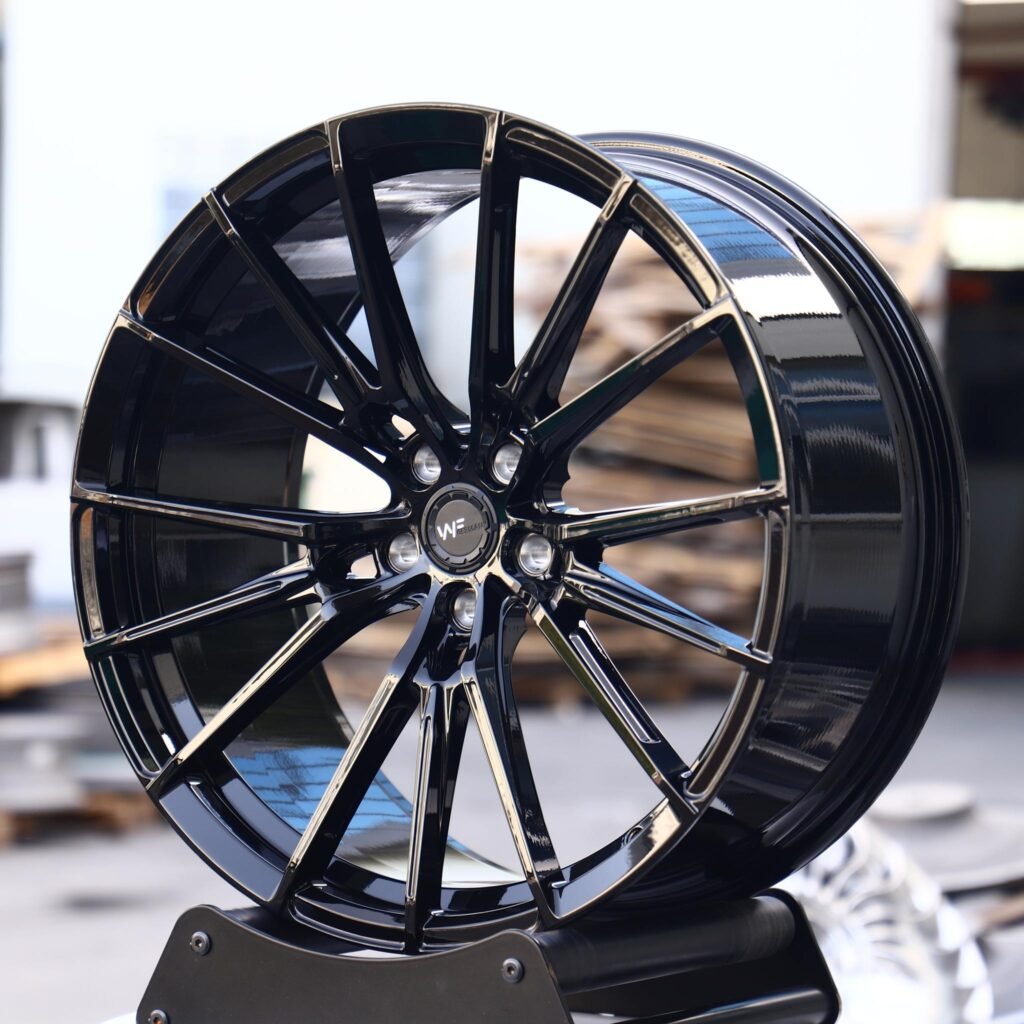 Wheelforce-Style Gloss Black 10 Directional-Spoke Forged Wheels – BMW M2 G87 / BMW M3 G80, angled view 2