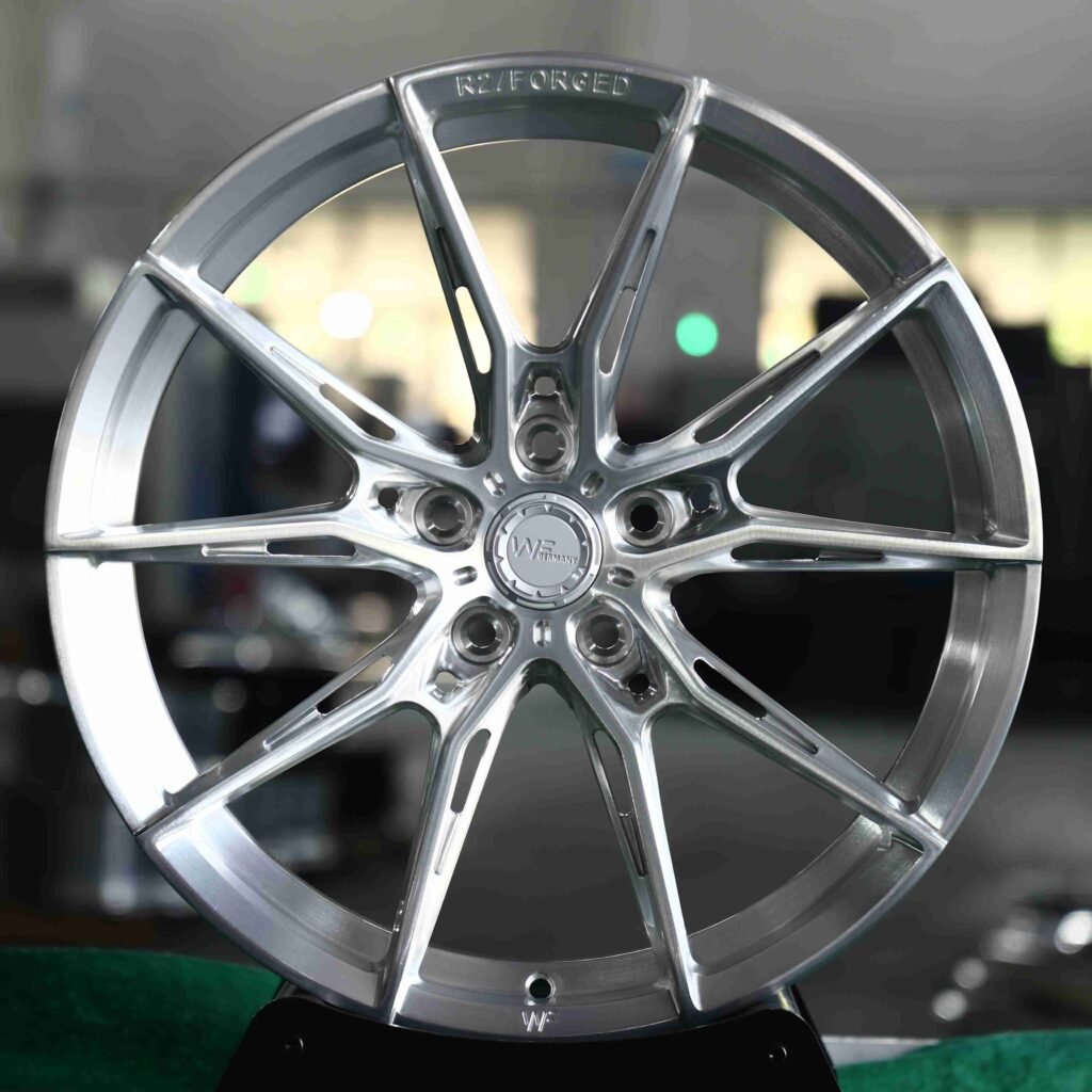 Audi RS3 wheels – Matte Silver Side-Milled (WF R2-Style), front view