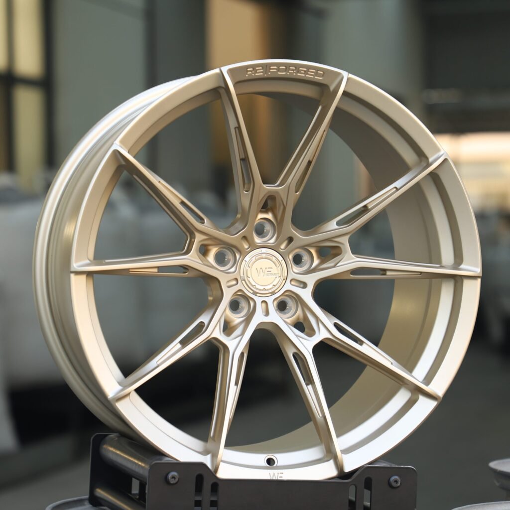 BMW M3 G80 wheels – WF Side-Milled Gold 5 Y-Spoke, angled view