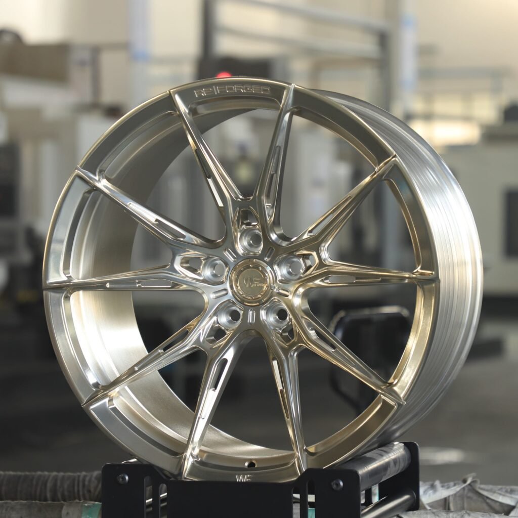 BMW M3 G80 wheels – Side-Milled Transparent Gold 5 Y-Spoke (WF R2-Style), angled view
