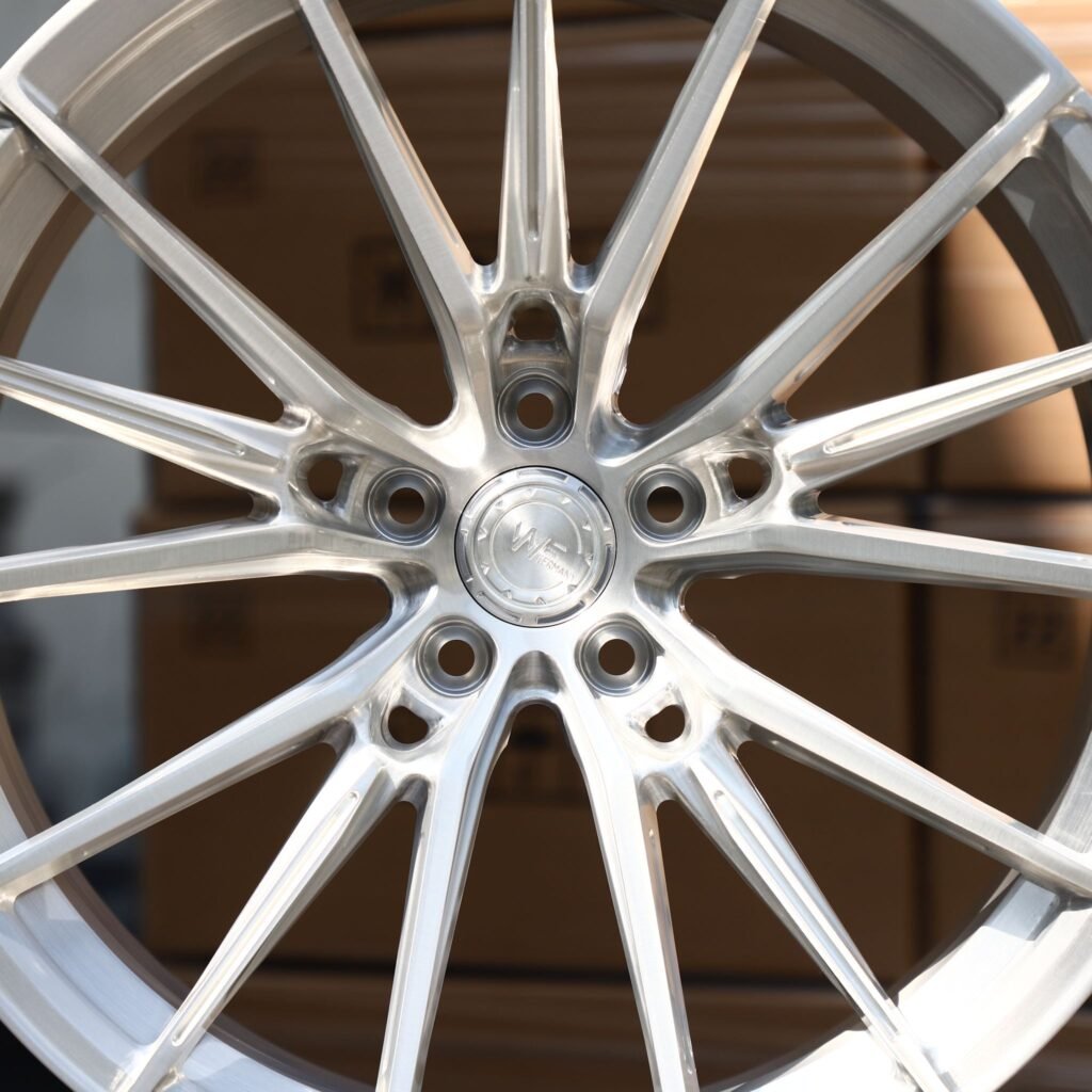 BMW M3 wheels – Brushed Silver 5 W-Spoke Concave (Wheelforce-Style), angled view