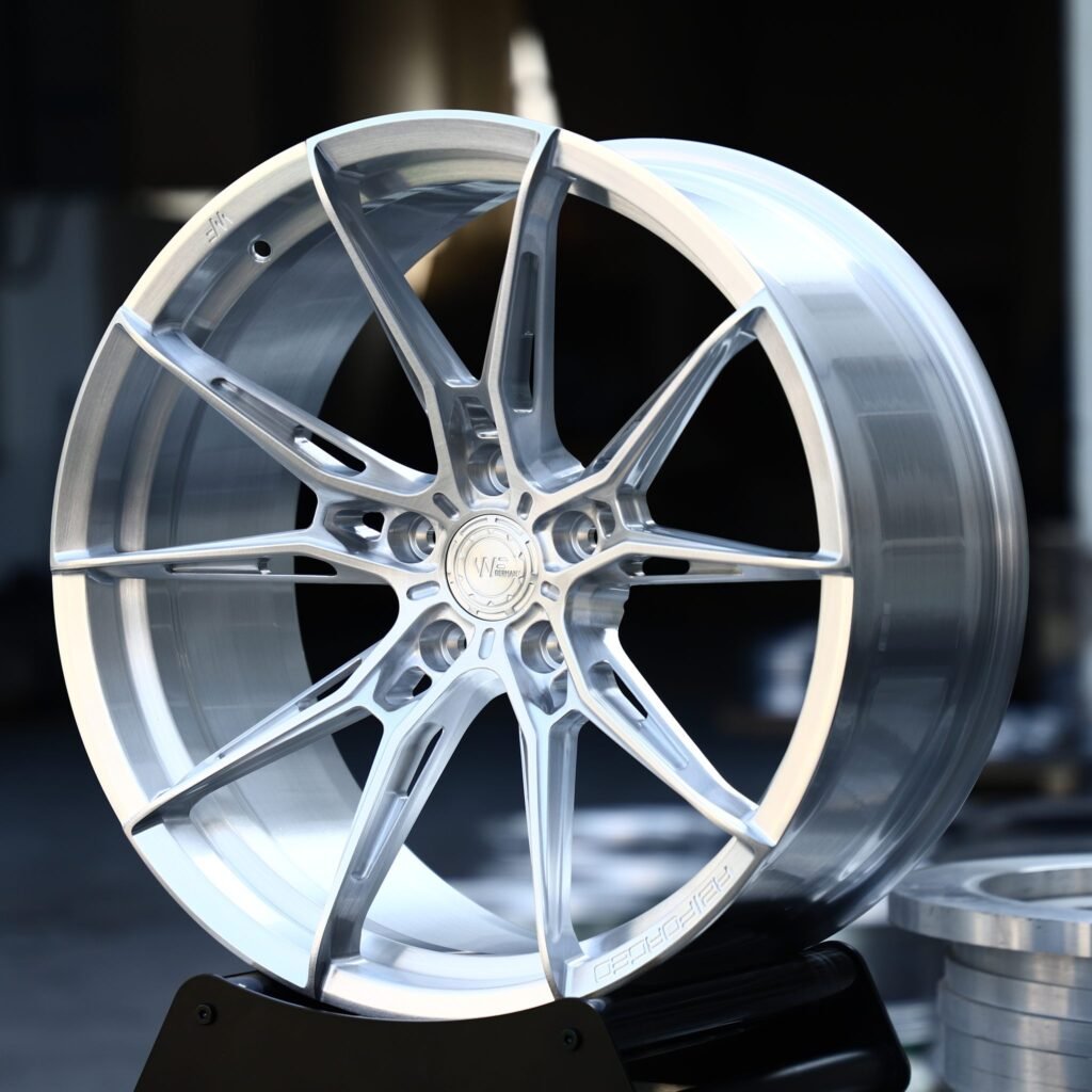 BMW M3 wheels – Brushed Silver Side-Milled Multi-Spoke (Wheelforce-Style), angled view