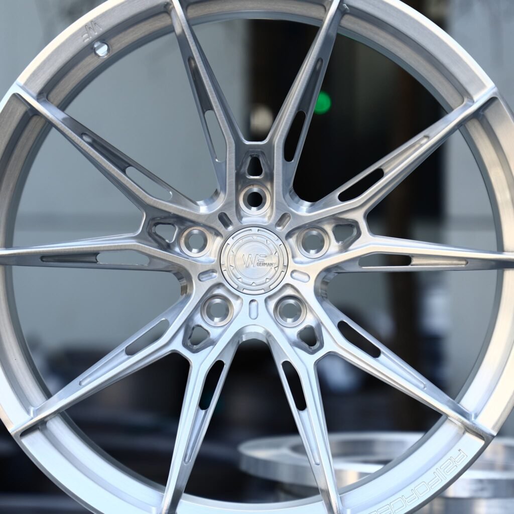 BMW M4 F82 wheels – Brushed Silver Side-Milled Multi-Spoke (Wheelforce-Style), lip and barrel detail