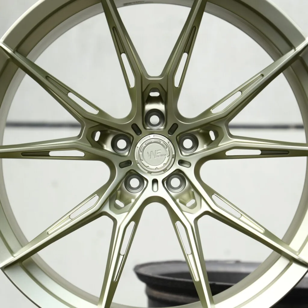 BMW M4 F82 wheels – Matte Olive Directional Multi-Spoke (Wheelforce-Style), lip and barrel detail