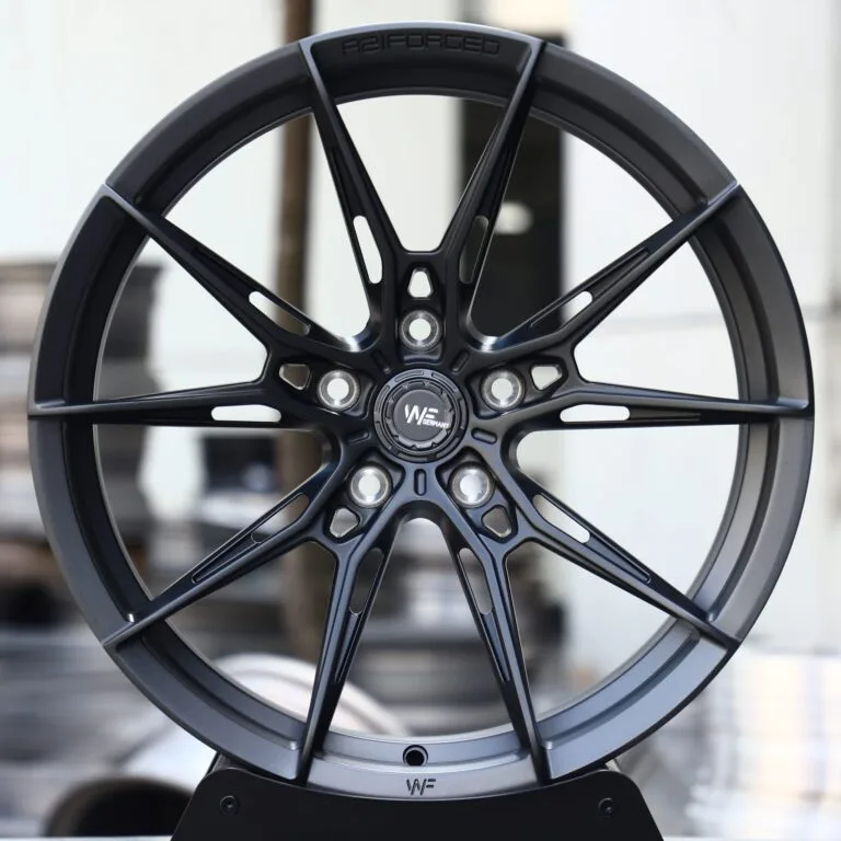 Wheelforce-Style Satin Blue Side-Milled Split 5-Spoke Forged Wheels – Porsche 911 / M3, front view