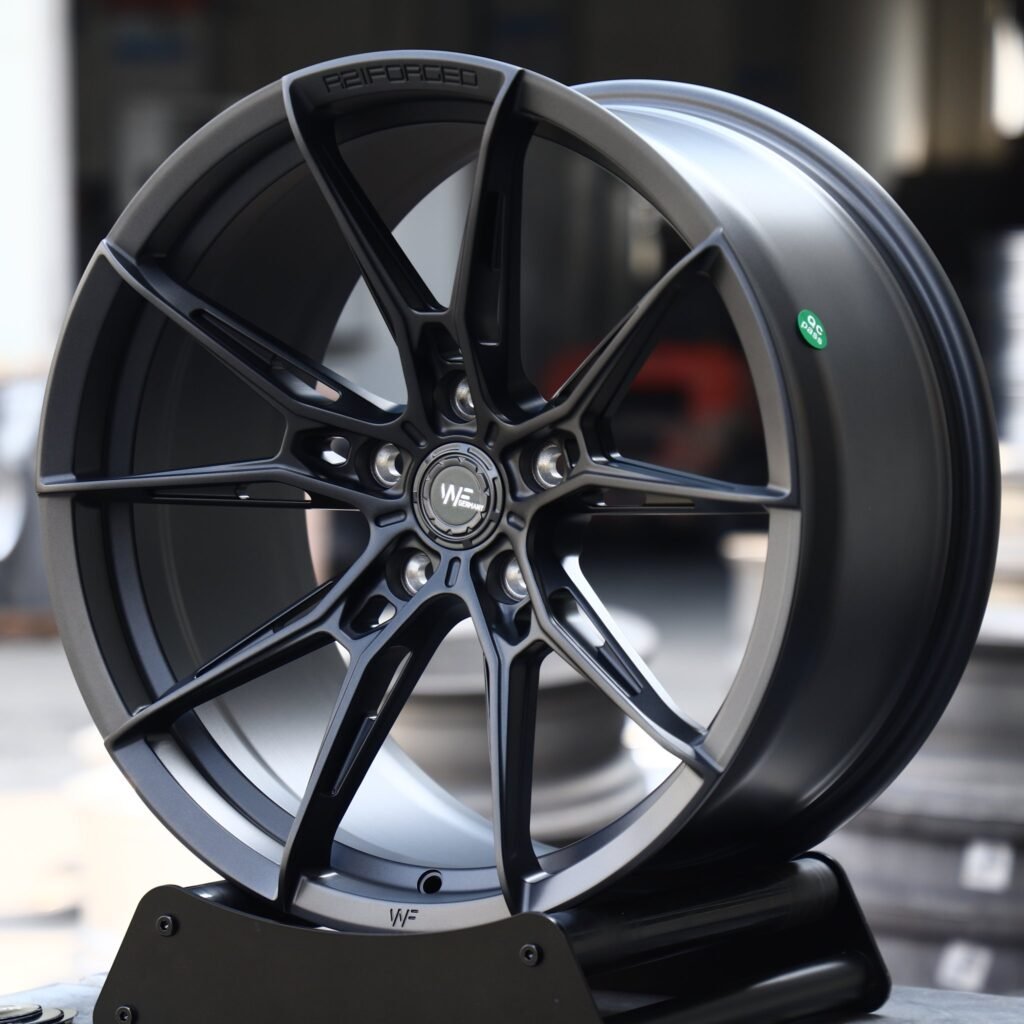 BMW M3 wheels – Satin Blue Side-Milled Split 5-Spoke (Wheelforce-Style), angled view