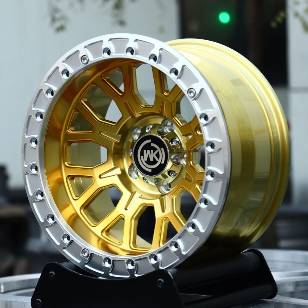 Chevrolet Silverado wheels – Gold Multi-Spoke Beadlock (WK-Style), angled view