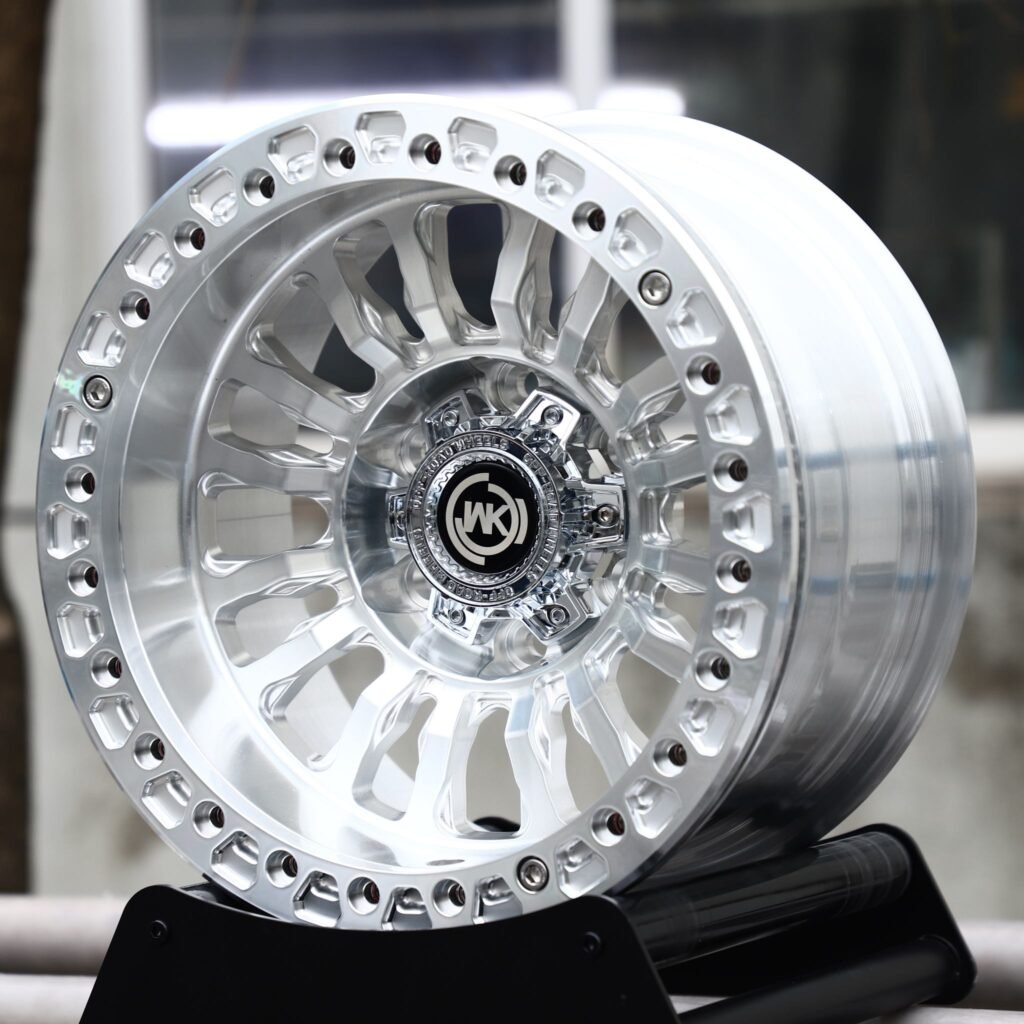 Chevrolet Silverado wheels – Mirror Polished Mesh Beadlock (WK-Style), angled view
