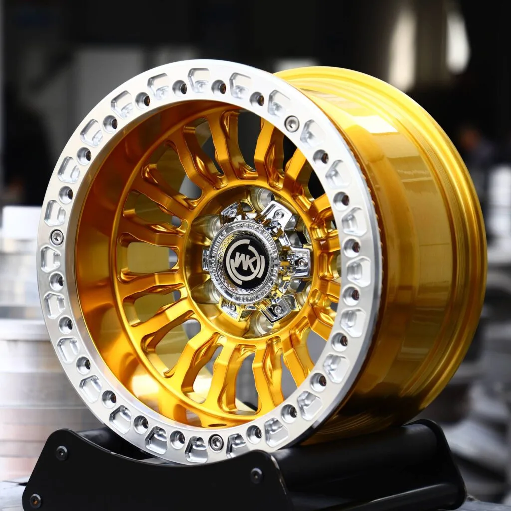 Chevrolet Silverado wheels – Transparent Gold Multi-Spoke Beadlock (WK-Style), angled view