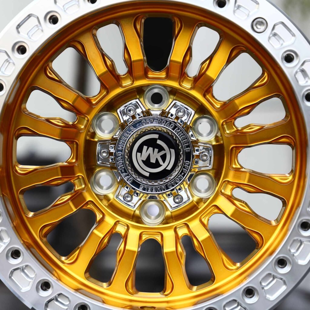 Toyota 4Runner wheels – Transparent Gold Multi-Spoke Beadlock (WK-Style), lip and barrel detail