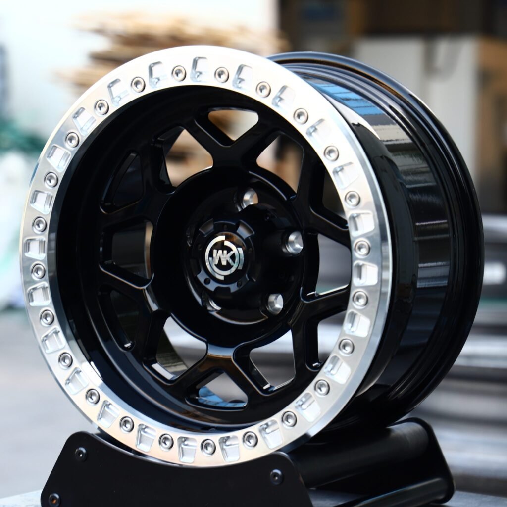 Toyota Land Cruiser wheels – WK Wheels Gloss Black Custom Beadlock, angled view