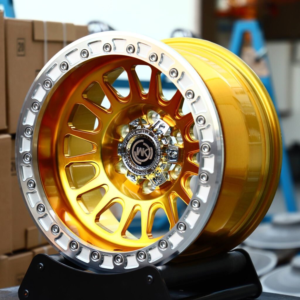 Toyota Land Cruiser wheels – WK Wheels Transparent Gold Custom Beadlock, angled view