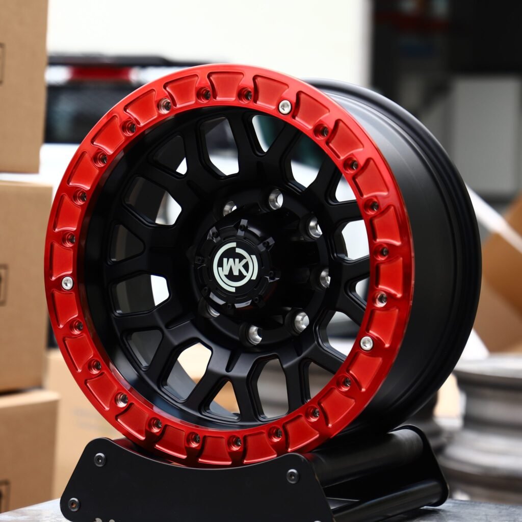Chevrolet Silverado 2500HD wheels – WK Wheels Transparent Red Beadlock, angled view