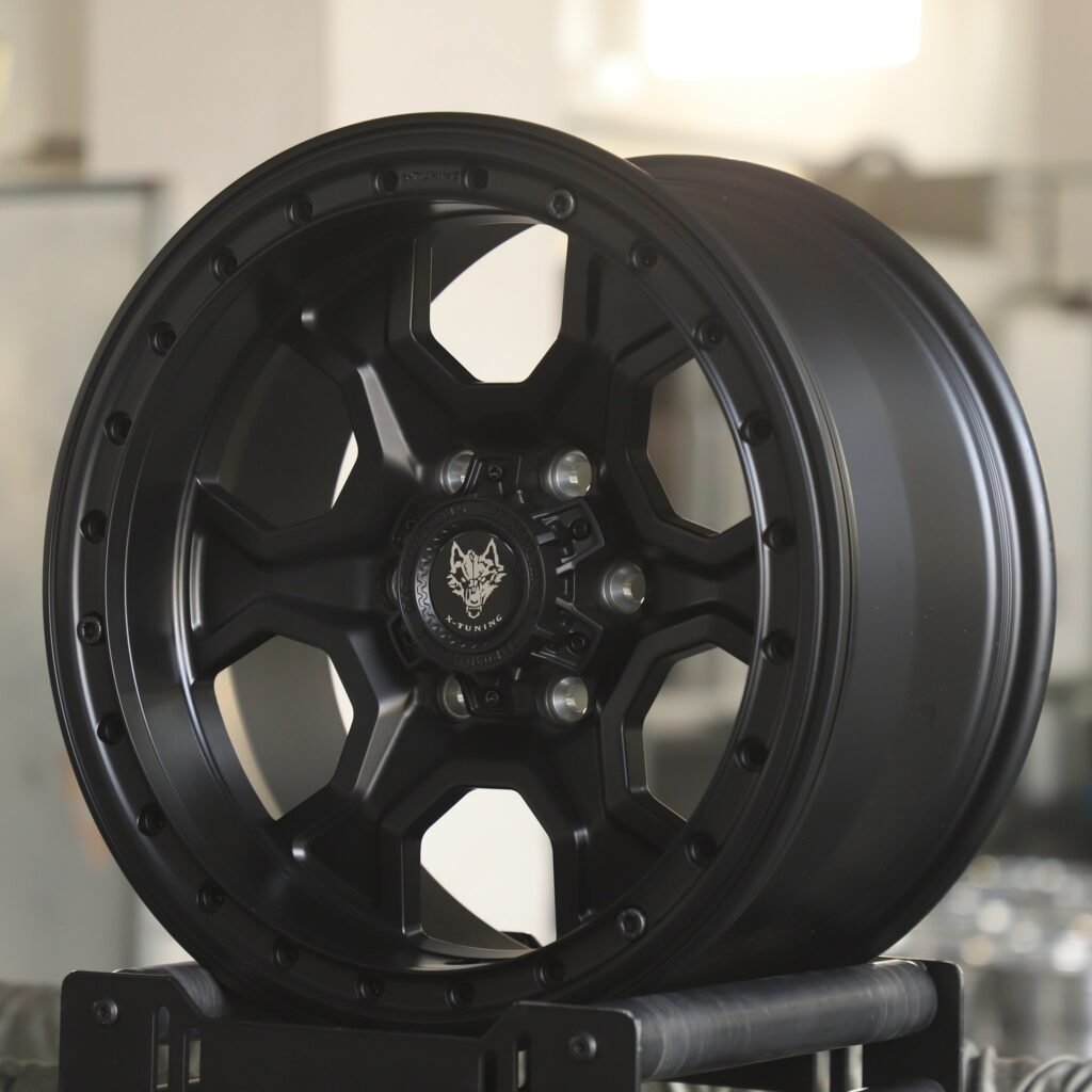 Toyota Tacoma wheels – Wolf Matte Black 6-Spoke Beadlock, angled view