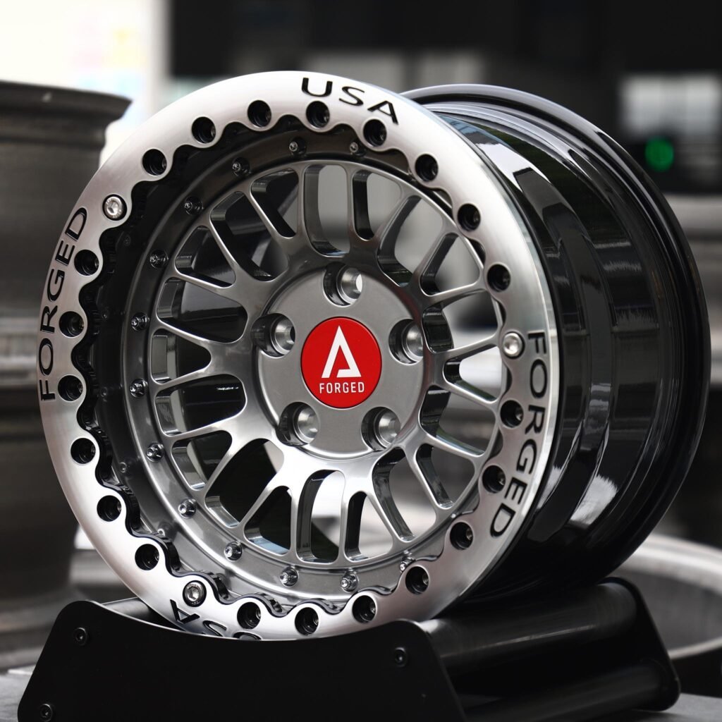 Chevrolet Camaro wheels – Gunmetal / Polished Mesh Beadlock (A Forged-Style), angled view