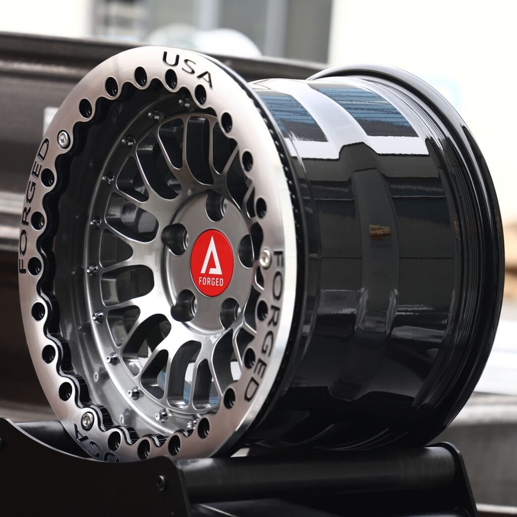 5x114.3 wheels – Gunmetal / Polished Mesh Beadlock (A Forged-Style), side view