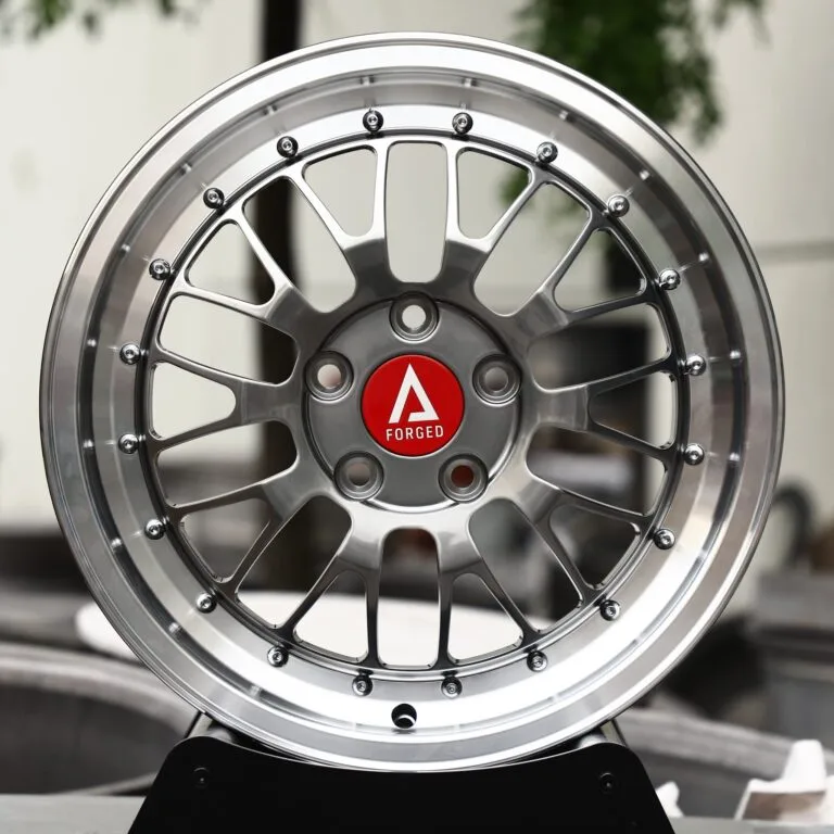 A Forged-Style Polished / Gunmetal Mesh 2-Piece Riveted Deep Lip Forged Wheels – Ford Mustang / Corvette, front view