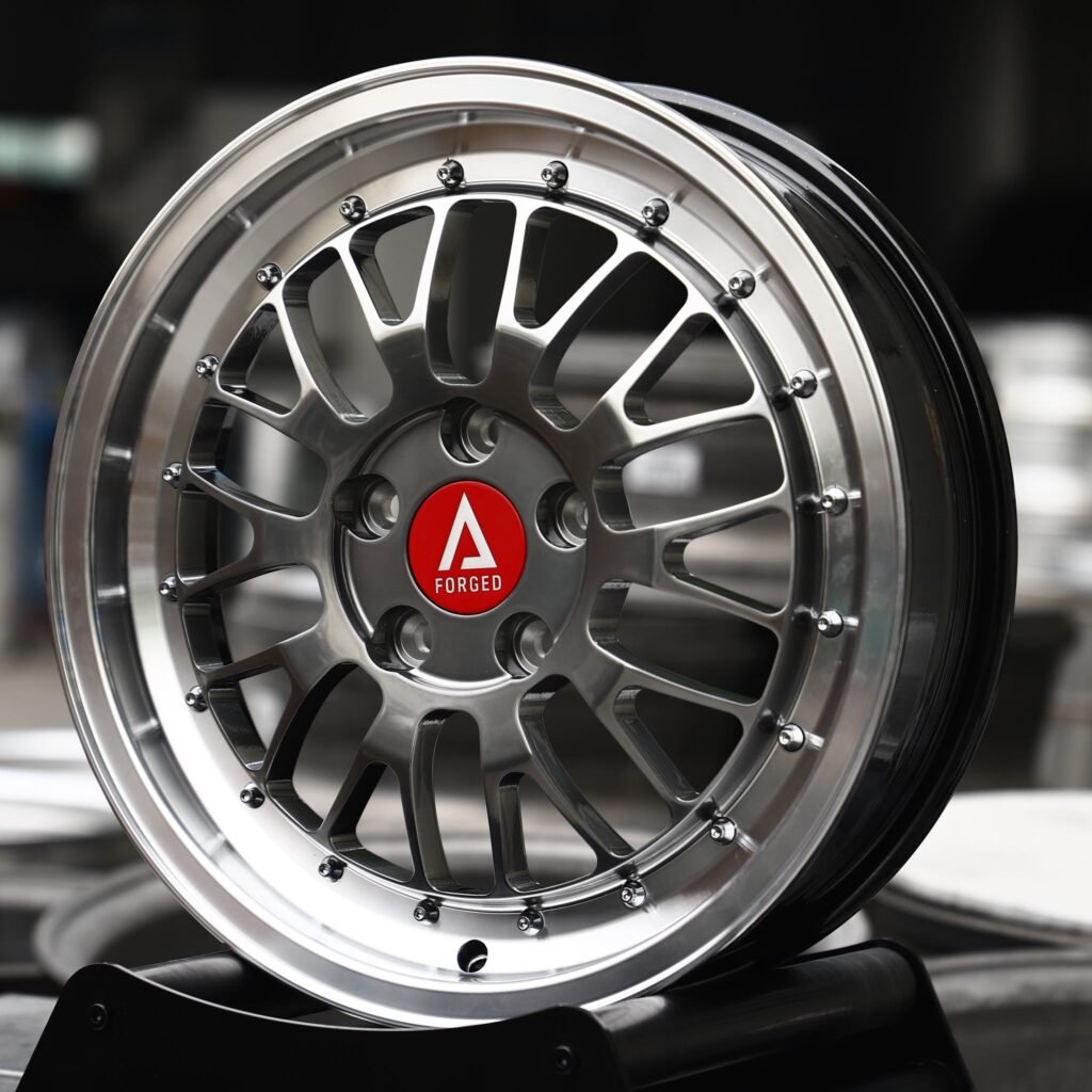 Chevrolet Corvette wheels – Polished / Gunmetal Mesh 2-Piece Riveted Deep Lip (A Forged-Style), angled view