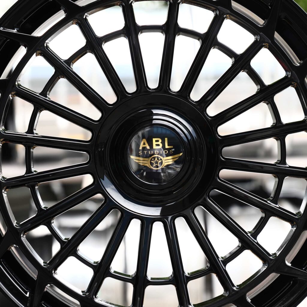 5x112 wheels – Gloss Black Multi-Spoke Double Ring Floating Cap (ABL Studios-Style), side view