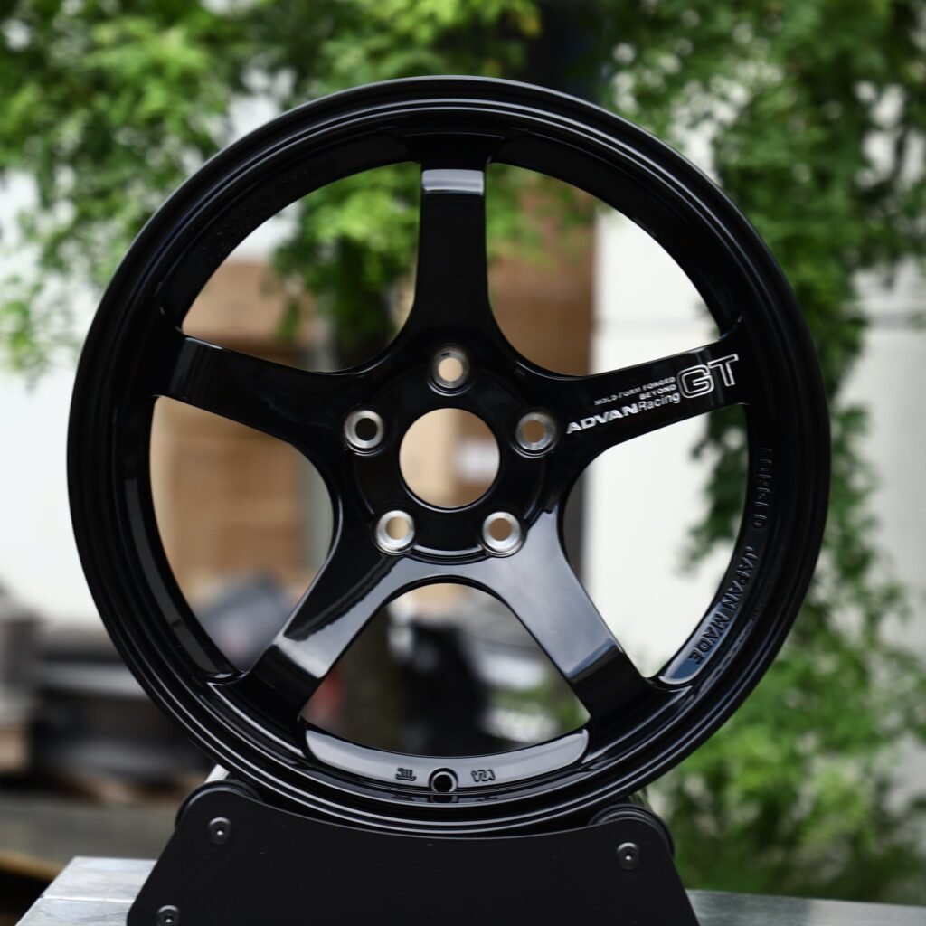 Subaru WRX wheels – Gloss Black 5-Spoke (Advan-Style), front view