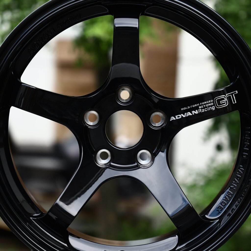 Nissan GT-R R35 wheels – Gloss Black 5-Spoke (Advan-Style), lip and barrel detail