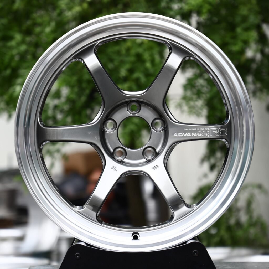 Volkswagen Golf wheels – Gunmetal 6-Spoke Polished Lip (Advan-Style), front view