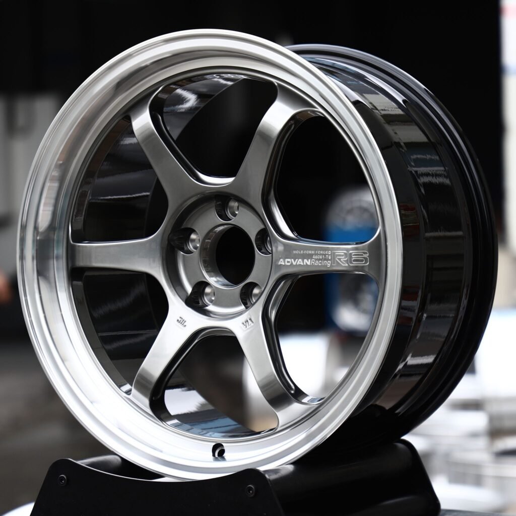 Audi A3 wheels – Gunmetal 6-Spoke Polished Lip (Advan-Style), angled view