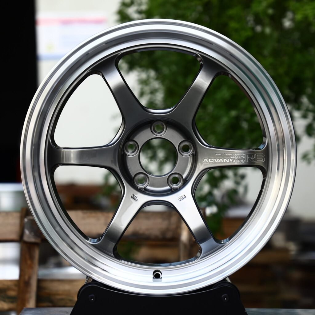 Audi A4 B9 wheels – Gunmetal 6-Spoke Polished Lip (Advan-Style), rear view